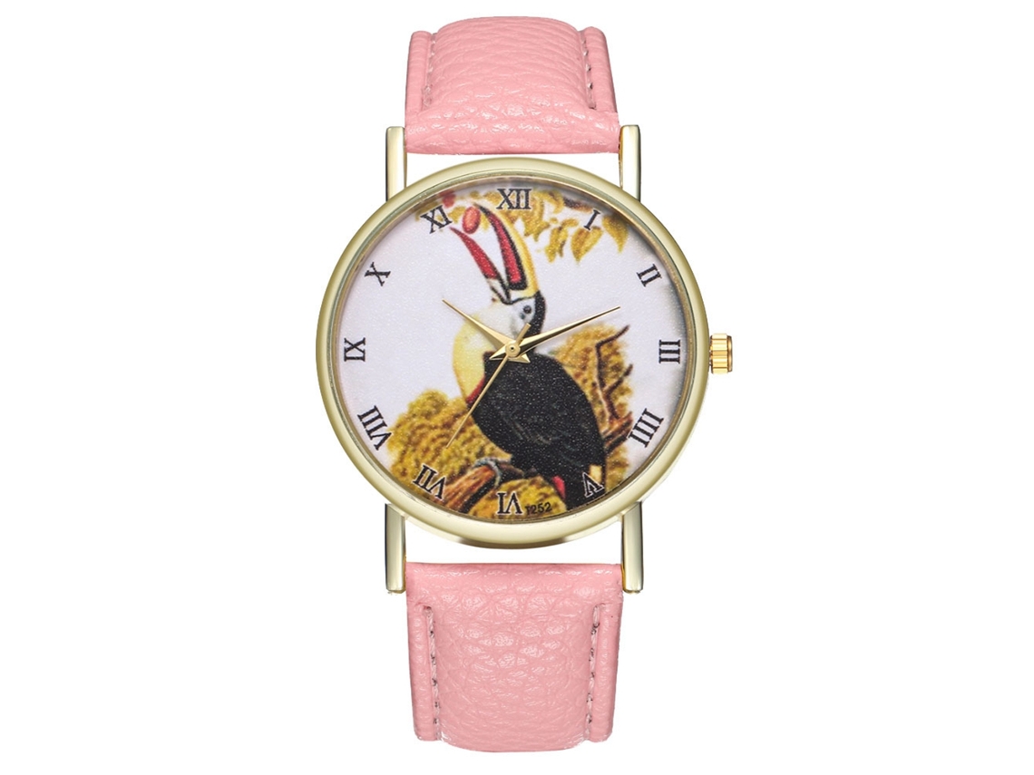 Reloj De Cuarzo Unisex Con Correa De Cuero Pu, Dial Romano Y Patrón Animal, Rosa