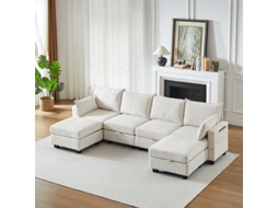 Sofá De Canto Modular Em U De Chenille Com Pufe Com Arrumação, Sofá De 6 Lugares Com Chaise Longue Para Sala