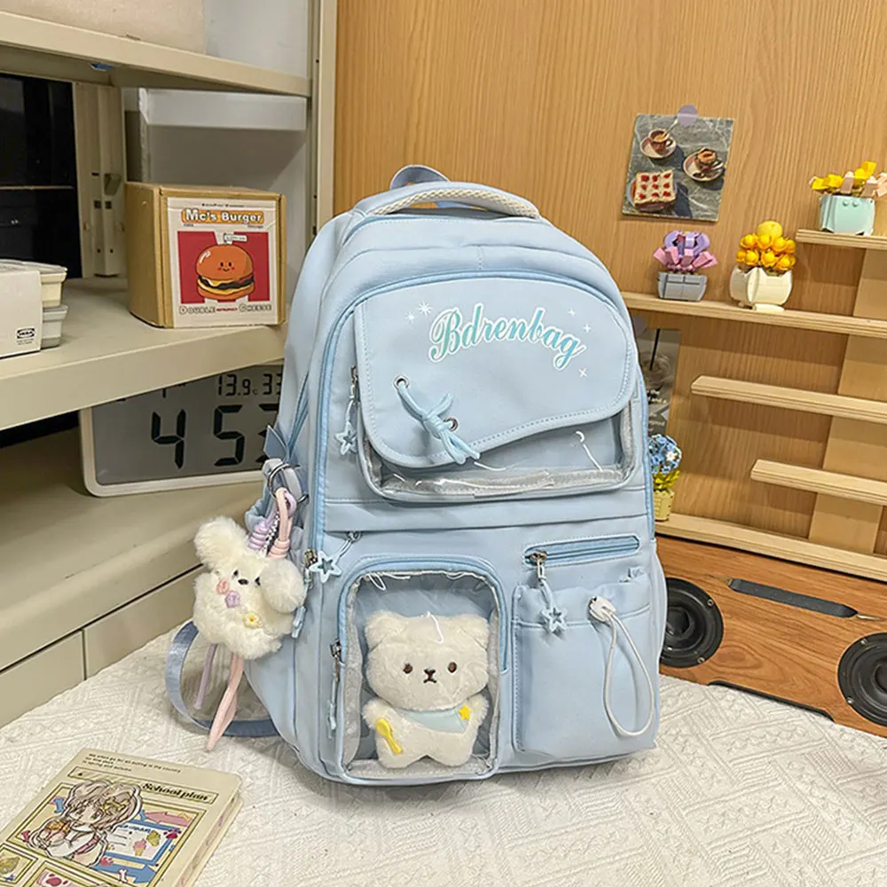 (7370-azul) Nova Mochila Feminina Fofa Com Estilo Anime Moderno E Bolso Transparente