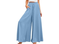 2026 pantalones para Mujer Casual de Cintura Elástica Con Bolsillos Y Pierna Ancha M Azul
