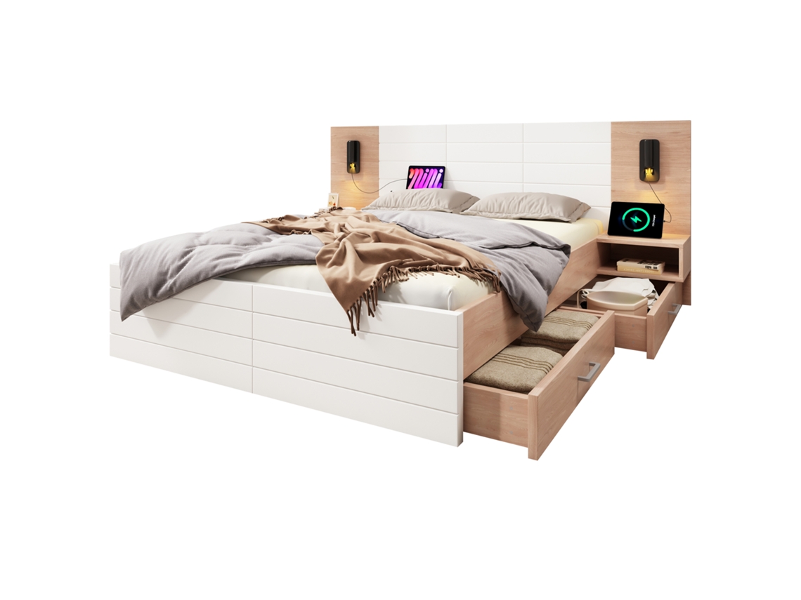 Cama de Casal em Madeira 160x200cm com gavetas, cabeceira iluminada e carregador Usb, inclui mesas de cabeceira e estrado PAPRIKA