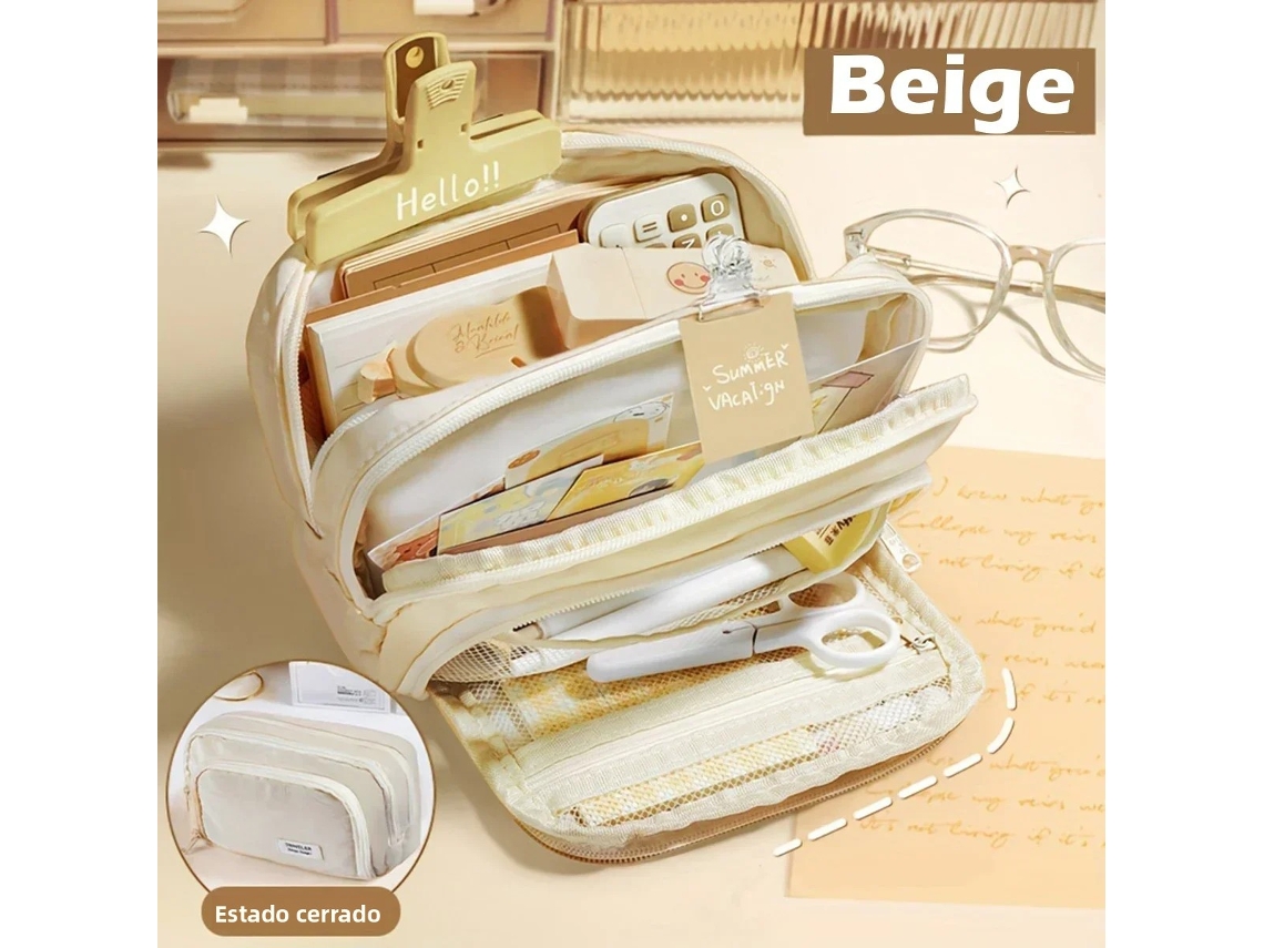 (bege) Estojo De Lápis Fofo Com Várias Camadas, Grande Capacidade, Durável