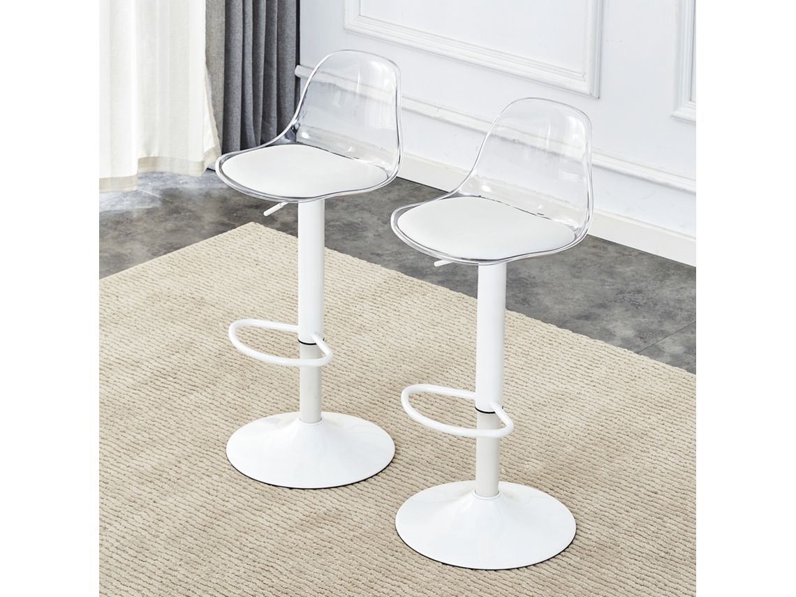 Conjunto De 2 Cadeiras De Bar Ajustáveis Encosto Transparente,pernas De Metal Branco,altura 81,8 99cm,giratórias Mega Echo Trade Shop