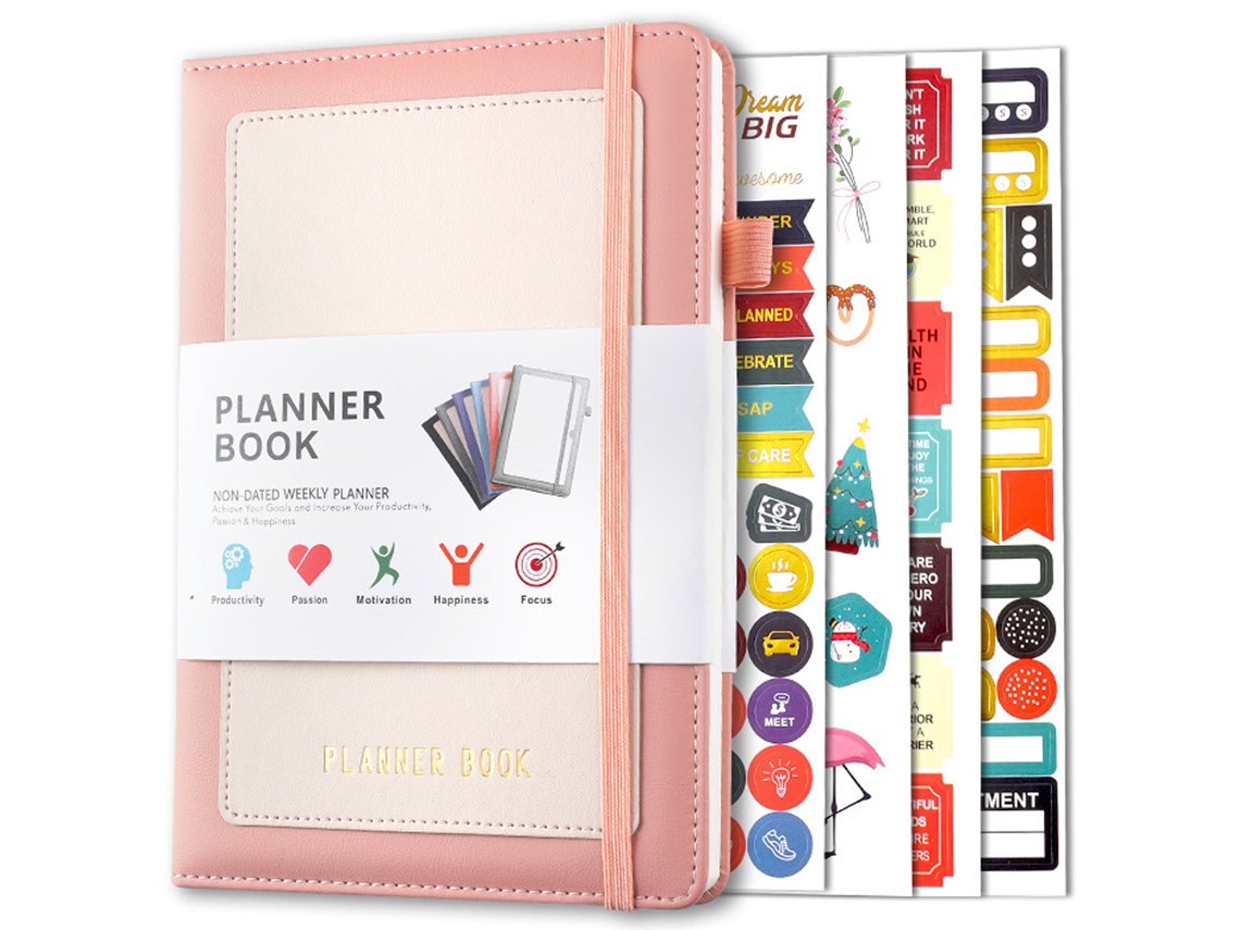 Diário De Caderno A5 240 Páginas Papel Grosso De 100 Gsm Com Bolso Bandagem Elástica Tamanho 8,4 X 5,9 Polegadas Com 4 Adesivos Rosa ZMDECQNA