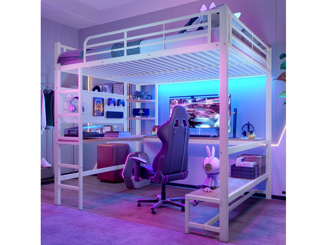 Cama Alta Metal 140x200 Escrivaninha Guarda corpo Led Branco