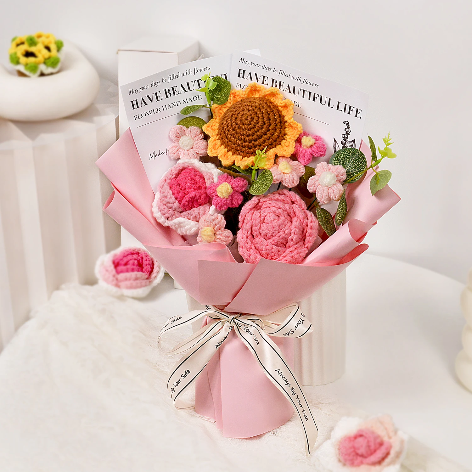 Buquê De Girassóis De Crochê (rosa) Para Formatura, Presente Perfeito