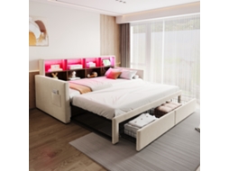 Sofá-cama Acolchoado Retrátil 90/180x190cm, Cabeceira Com Nichos, Luzes Led E Tomadas, Duas Gavetas E Estrado, Veludo Bege.
