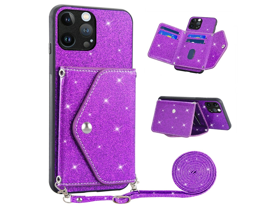 Suporte Casa Para Iphone 14 Pro Max Pele Sintética Com Porta-cartões Roxo