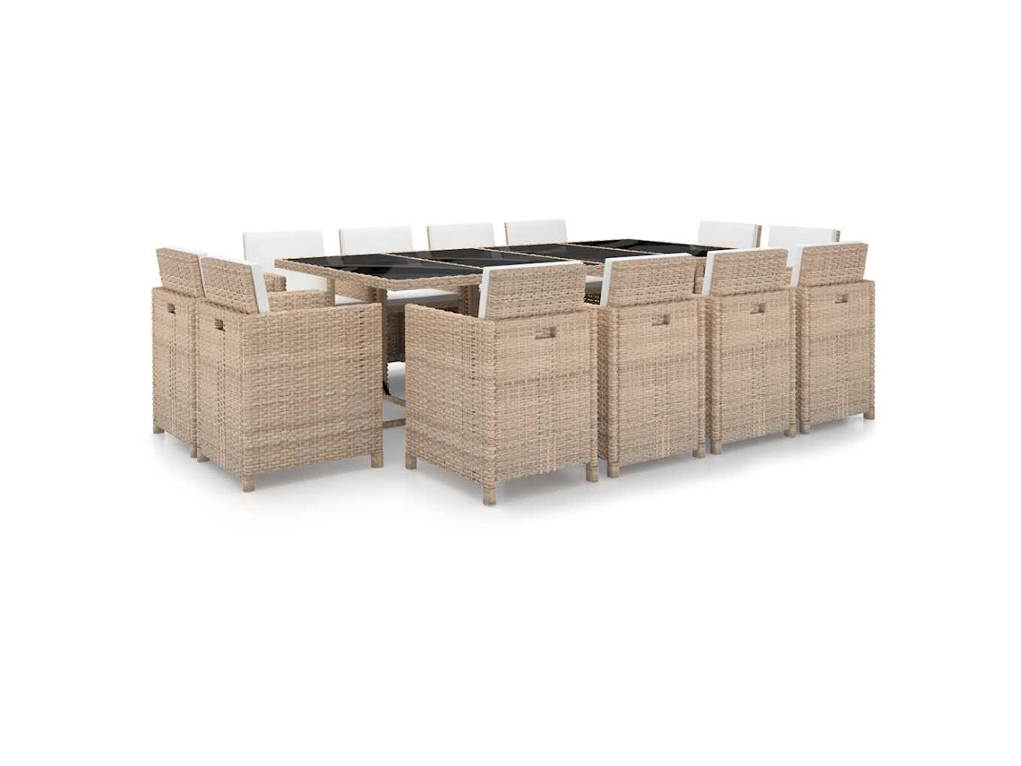 Vidaxl 13 Pcs Conjunto Jantar Exterior Com Almofadões Vime Pe Bege