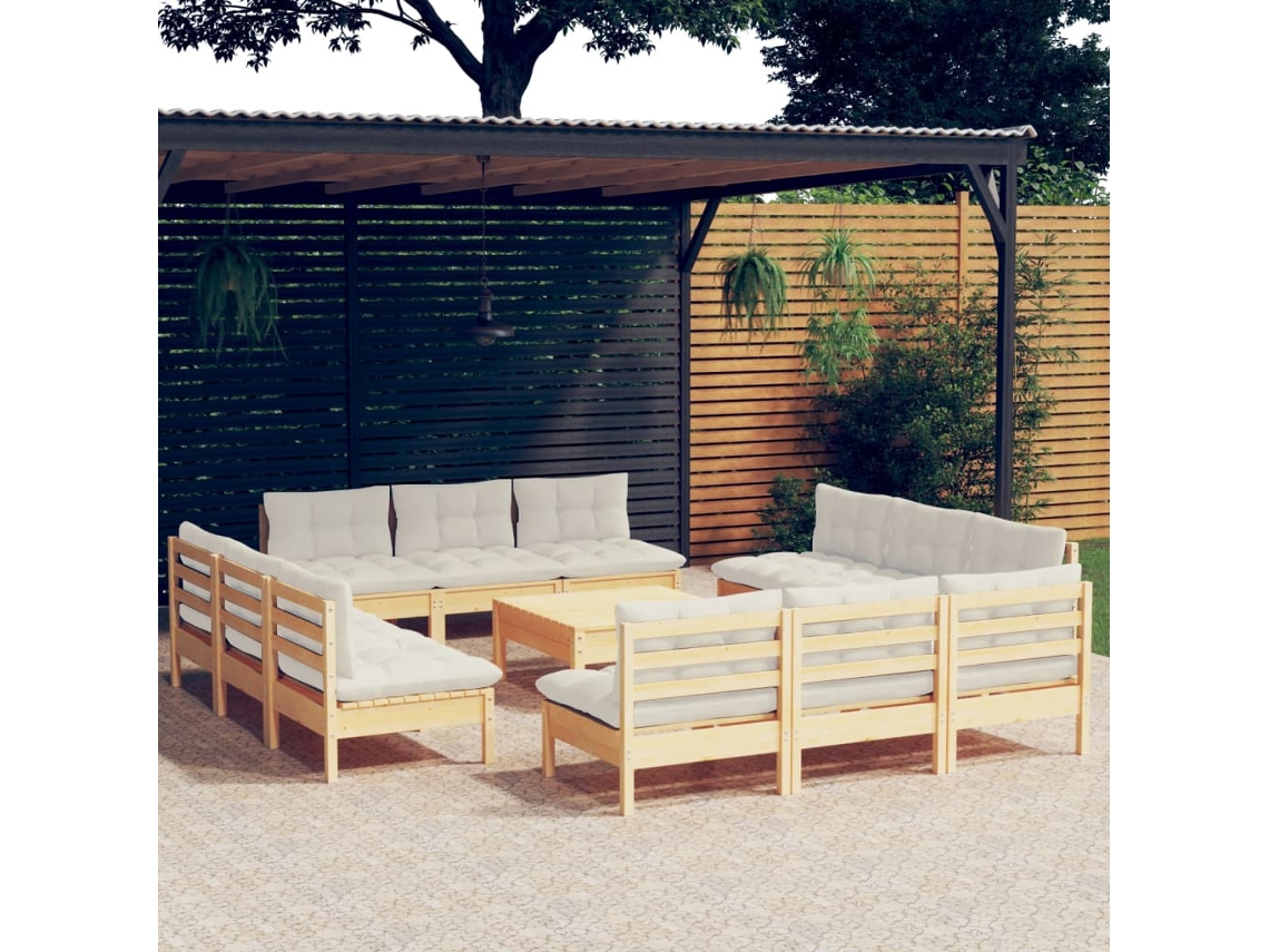 Vidaxl 13 Pcs Conjunto Lounge Jardim C/ Almofadões Cor Creme Pinho