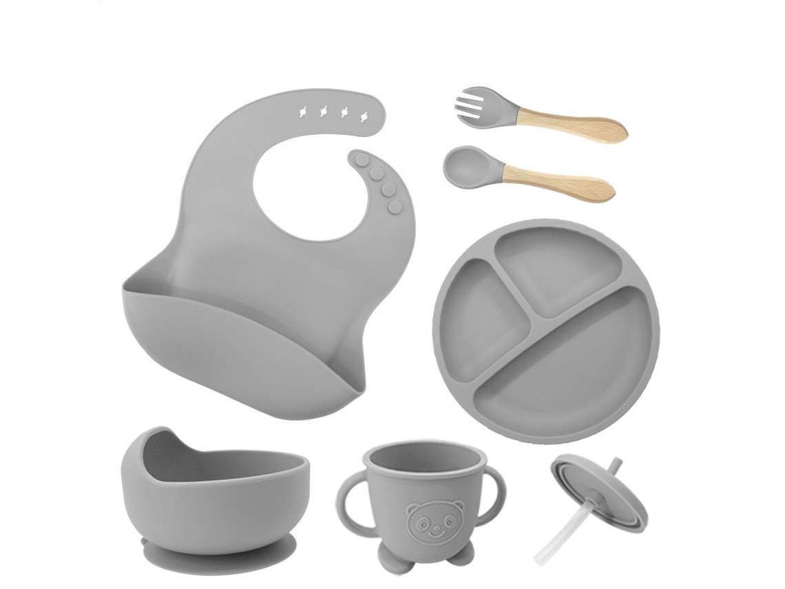 Conjunto de Utensílios em Silicone para Alimentação Infantil, com Ventosas na Base, 6 Peças Cinza PANOONA