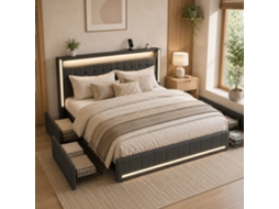 Cama De Casal Estofada Com 4 Gavetas, 180x200 Cm, Com Led E Usb, Cama Para Adultos E Adolescentes, Estrado De Ripas, Linho Cinzento