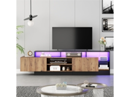 Armário Moderno Para Tvs De Até 70 Polegadas, Com Nicho Aberto E Luzes De Led, Ideal Para Quarto E Sala, Na Cor Madeira Com Moldura Preta.
