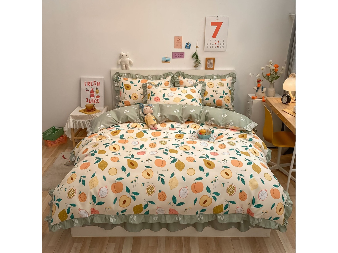 Conjunto De Lençóis De Cama (horta Verde, 100% Algodão Escovado Com Renda) Eoocoo