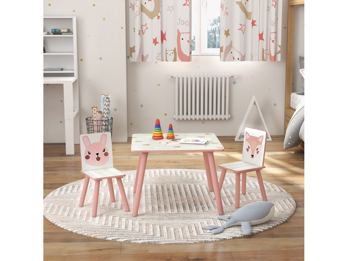 Conjunto Mesa E 2 Cadeiras Infantis Com Estampa Animal, Rosa