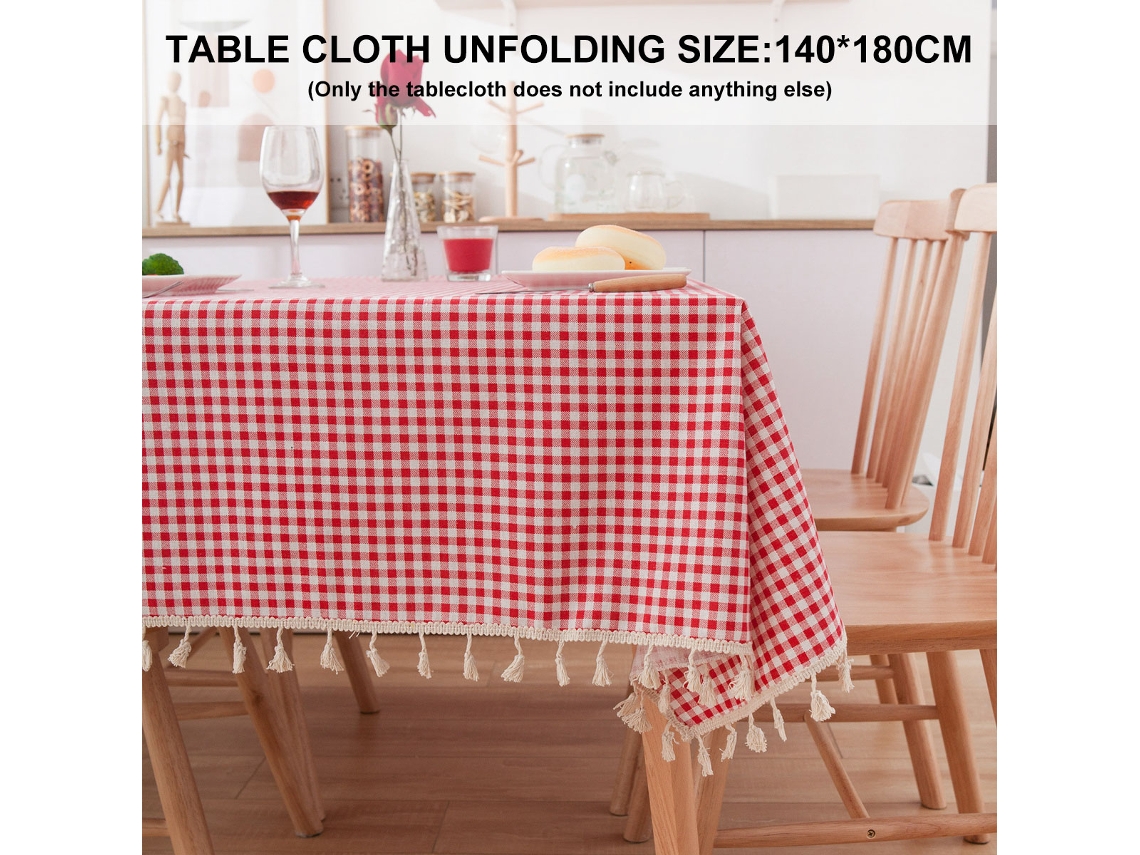 Toalha de Mesa Pastoral Retangular de Renda com Borla Xadrez de Algodão e Cânhamo para Casa de Fazenda Retângulo 55X70In Vermelho Escuro