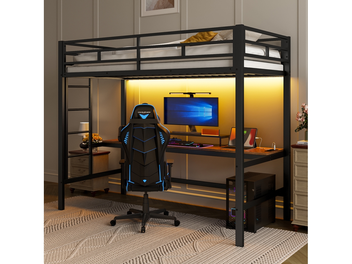 Cama Alta Metal 90x200 Grade Escada Mesa Usb Led En747 Preta
