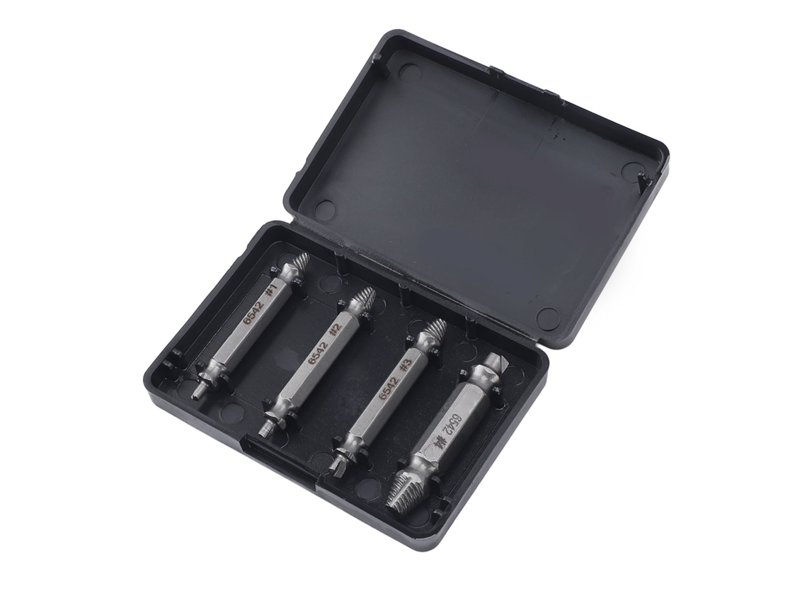 Conjunto de 4 extratores de parafusos de aço rápido com cabeça dupla para parafusos e porcas quebrados ou danificados.
