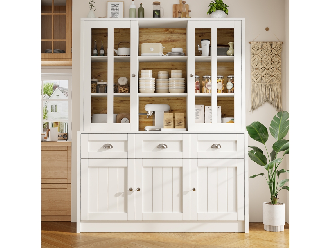 Armário Alto Minimalista Branco 140×38,5×175cm Envidraçado Equipado Com Gavetas Multifunções Para Todos Os Espaços Habitáveis