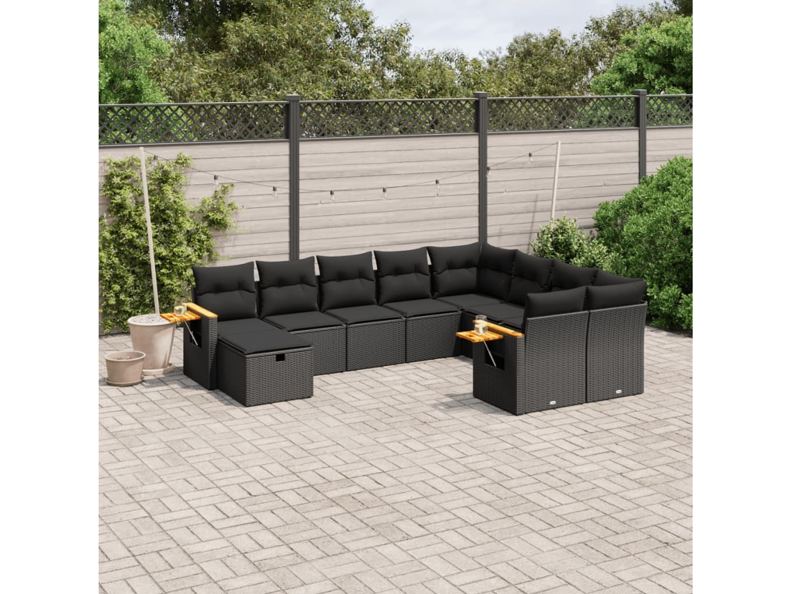 10 Pcs Conjunto Sofás De Jardim C/ Almofadões Vime Pe Preto Dkd Home Decor