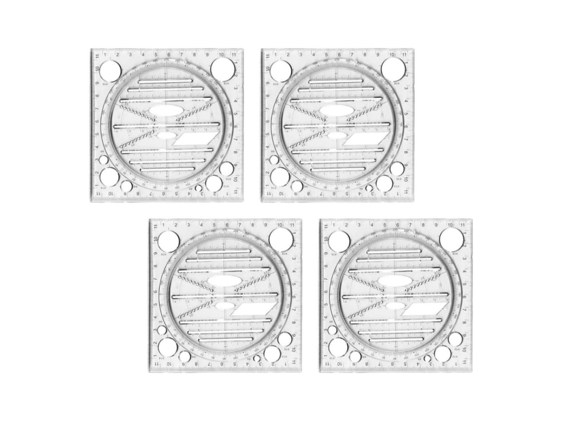Régua giratória multifuncional de 4 peças para desenhos geométricos com gabarito e ferramenta de transferência. Leve e durável.