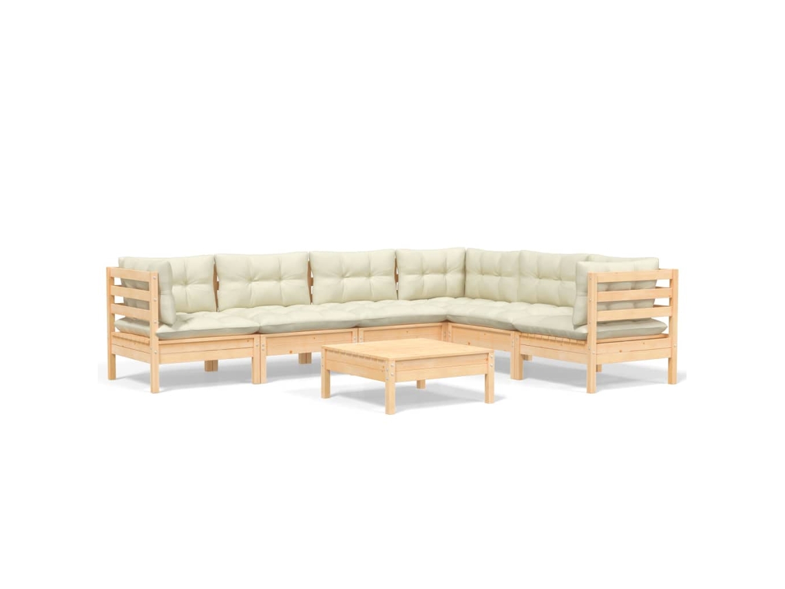 Conjunto de 7 Lounge Jardim com Almofadões Creme Pinho Maciço MAISON EXCLUSIVE