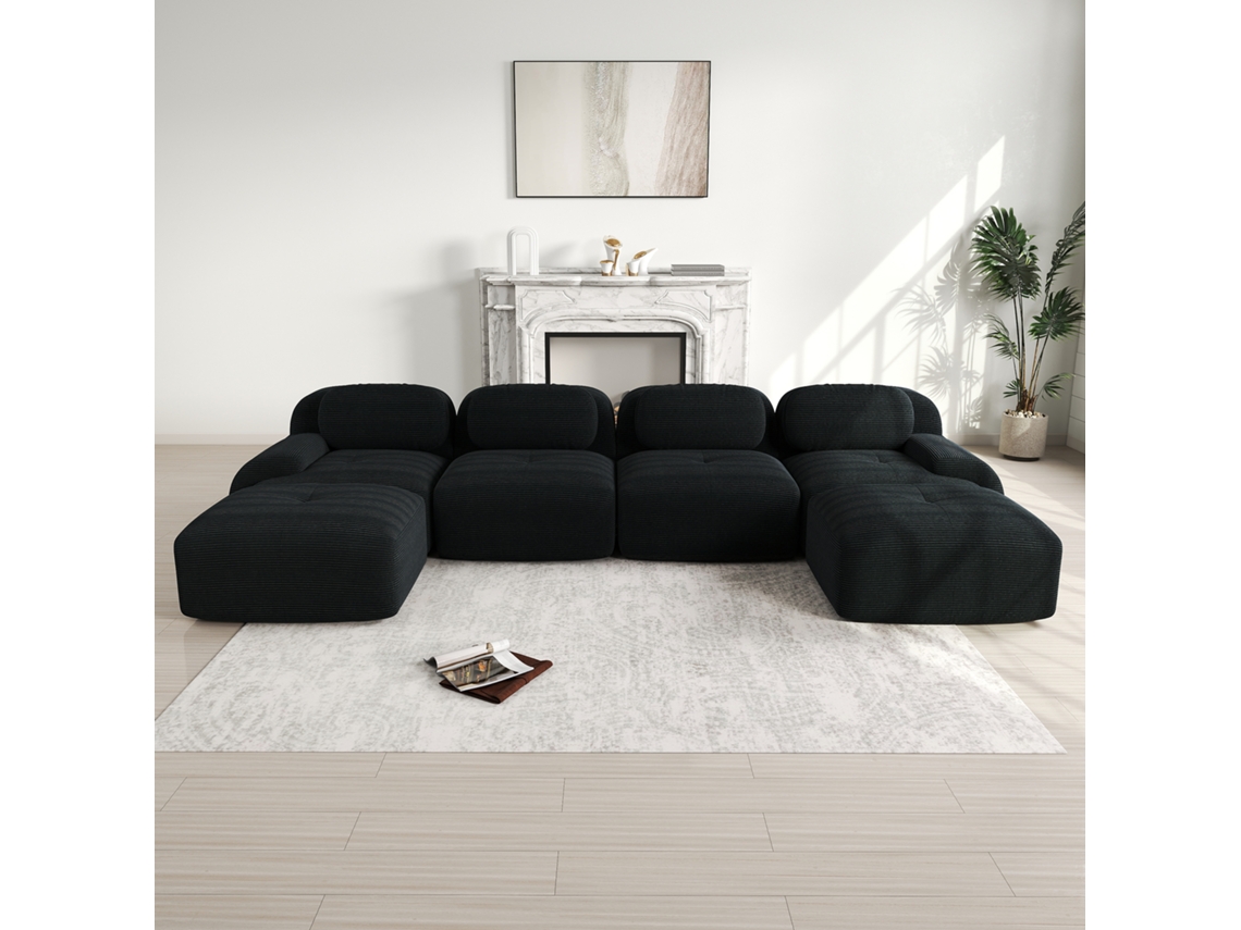 Sofá Modular Em U, Sem Montagem, Veludo Cotelê Respirável, Almofadas 32d, Braços Largos, Ergonómico E Pet Friendly Preto Mobrio