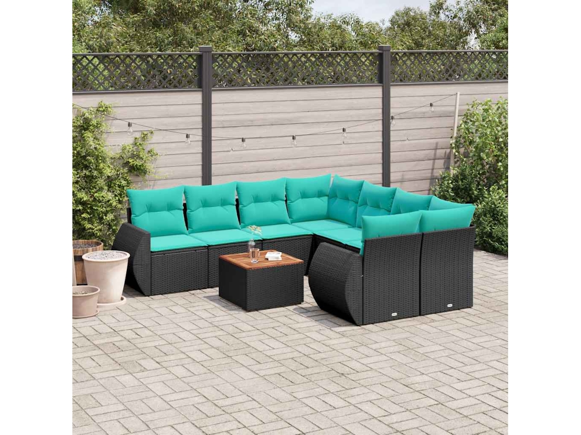Vidaxl Conjunto De Sofá De Jardim De 9 Peças Com Almofadas Em Rattan Sintético Preto