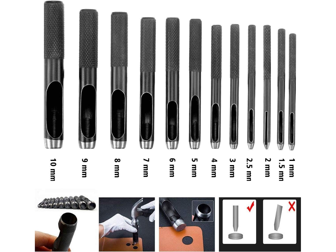 Conjunto de 10 Furadores de Couro de 0,5 Mm a 5 Mm, Ferramentas para Trabalhar Couro em Pulseiras, Cintos, Lona, ​​papel e Plástico. AQUAFORGE