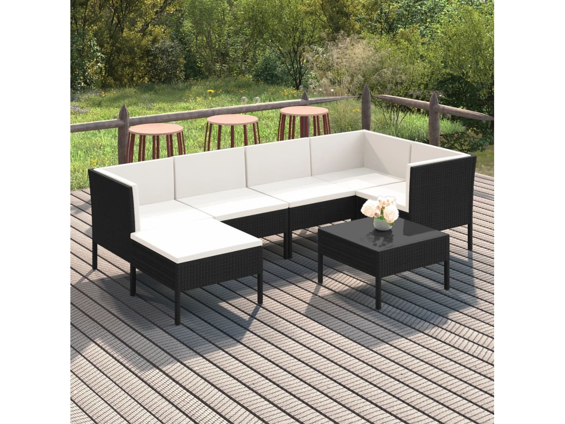7 Pcs Conjunto Lounge De Jardim C/ Almofadões Vime Pe Preto Dkd Home Decor