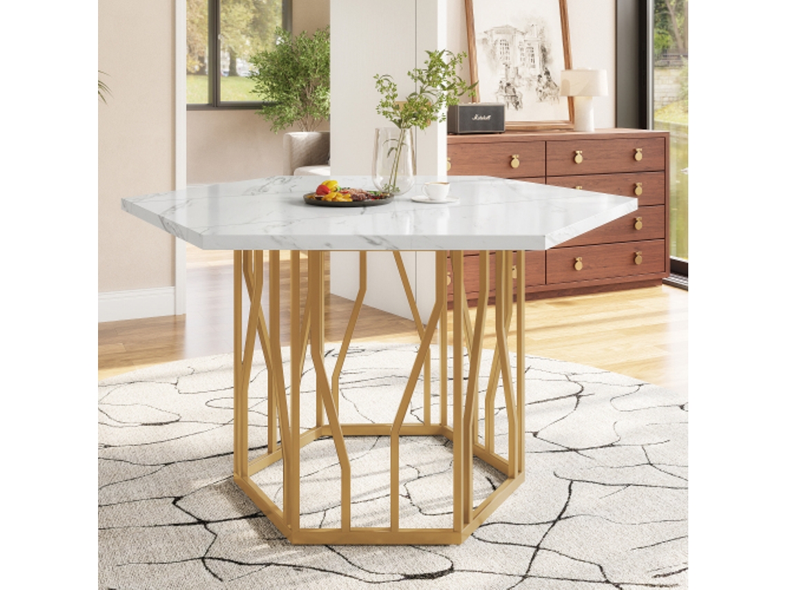 Mesa De Jantar Moderna Hexagonal Em Mármore Com Base Metálica Em Forma De Galho; Uma Mesa De Centro Simples E Elegante.
