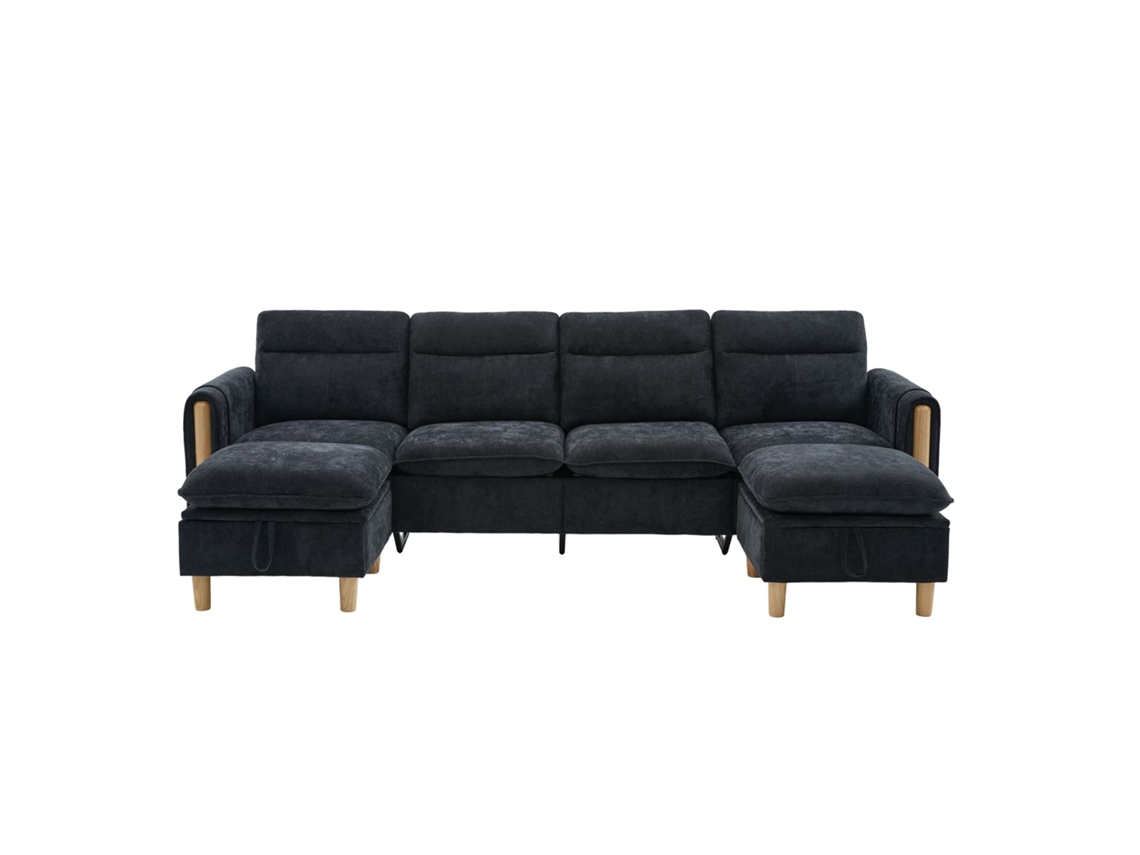 Sofá Modular U 4 Lugares Com 2 Otomanas De Arrumação, Pés Madeira E Chenille Preto
