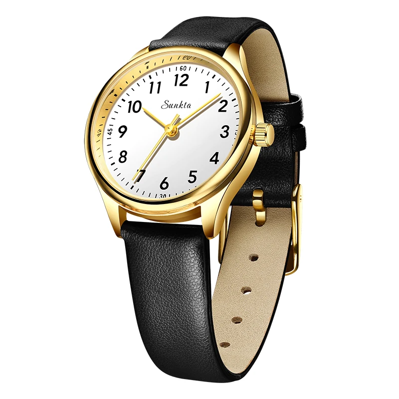 (preto, Dourado, Branco) Relógio De Quartzo Casual Com Pulseira De Couro Resistente À Água Para Mulheres