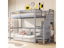 Cama Alta 90x200 Madeira Cinza Com Escada Guarda-roupa Prateleira