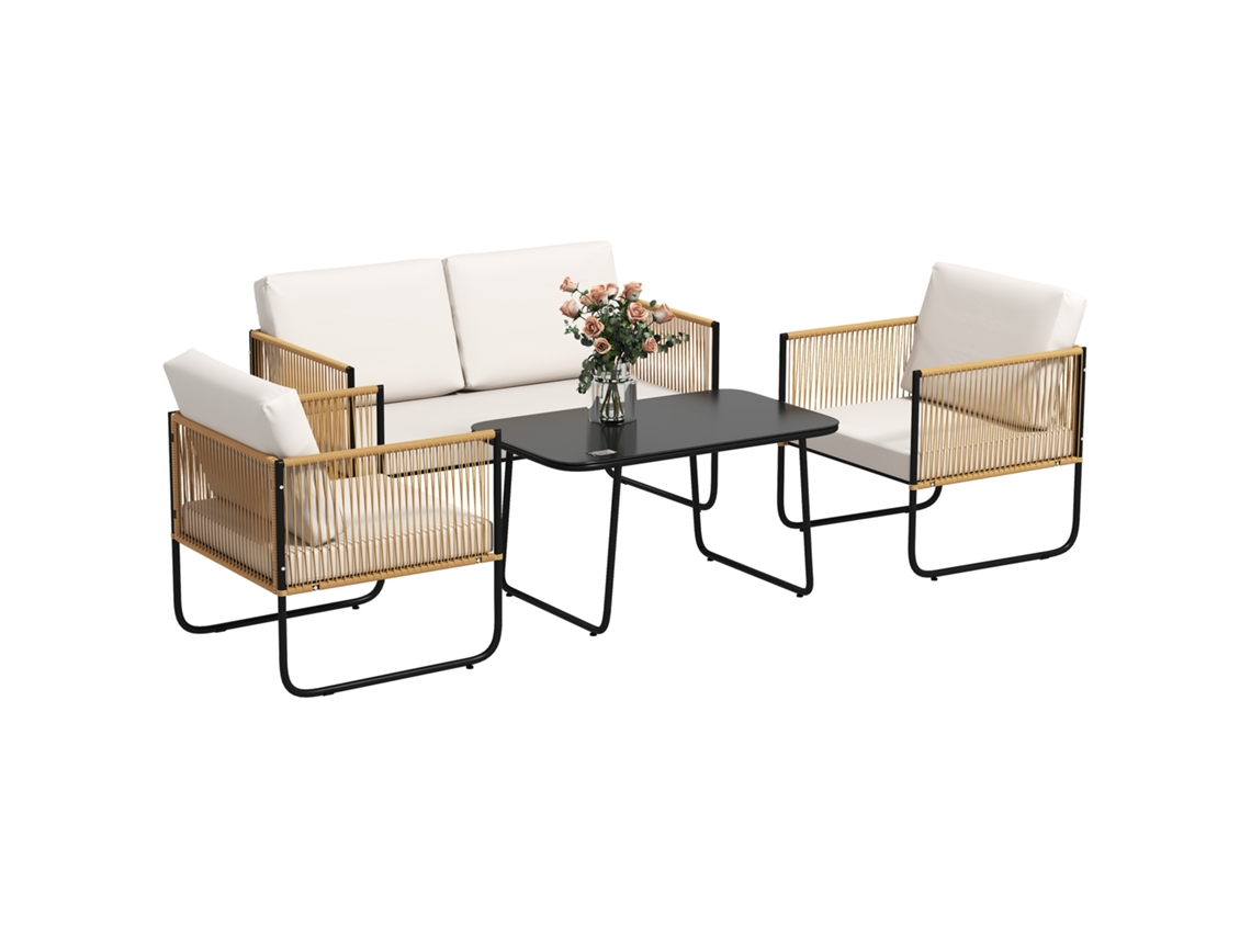 Conjunto Jardim 4 Peças QINGYU TECH com Sofá, Cadeiras, Mesa de Vidro e Almofadas