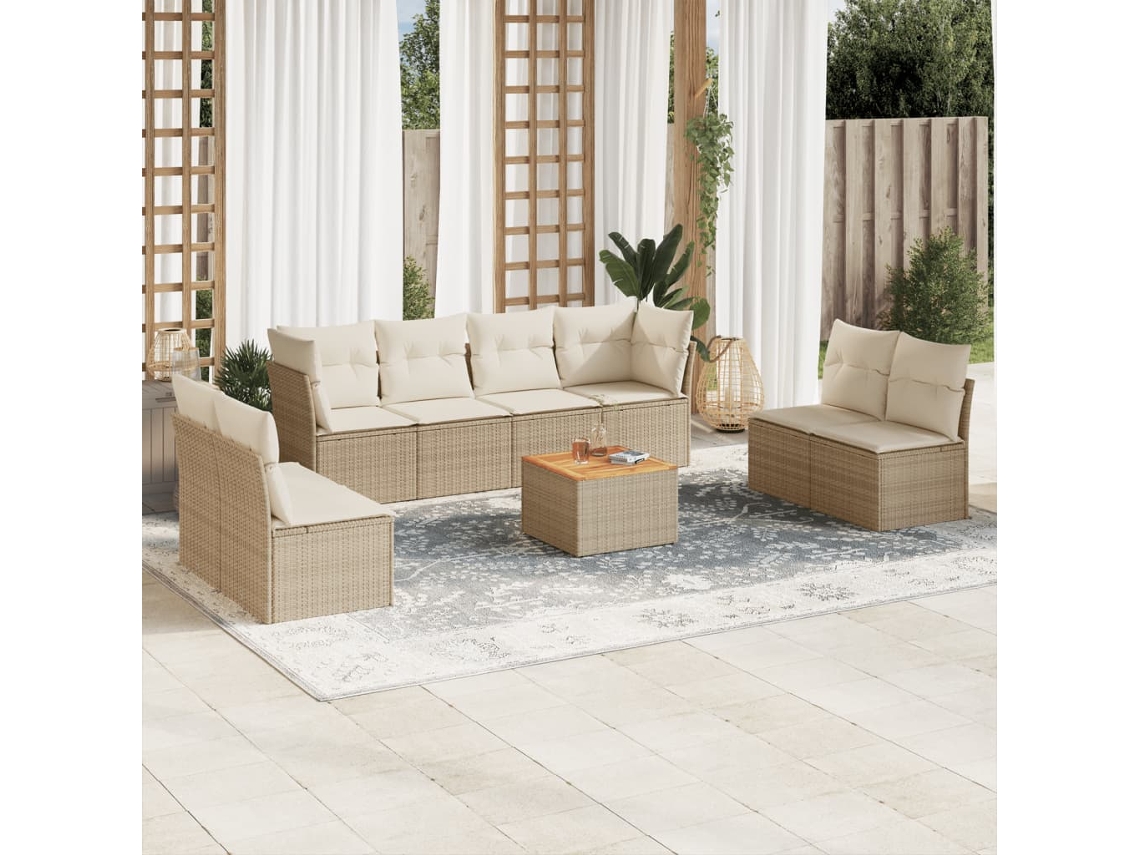 Vidaxl 9 Pcs Conjunto De Sofás P/ Jardim Com Almofadões Vime Pe Bege