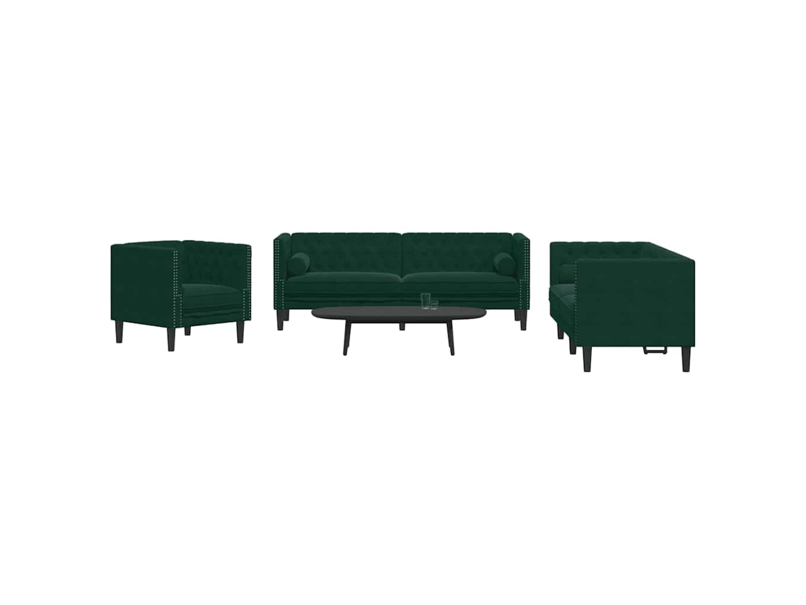 Vidaxl 3 Pcs Conj. De Sofás Chesterfield Com Rolos Veludo Verde-escuro