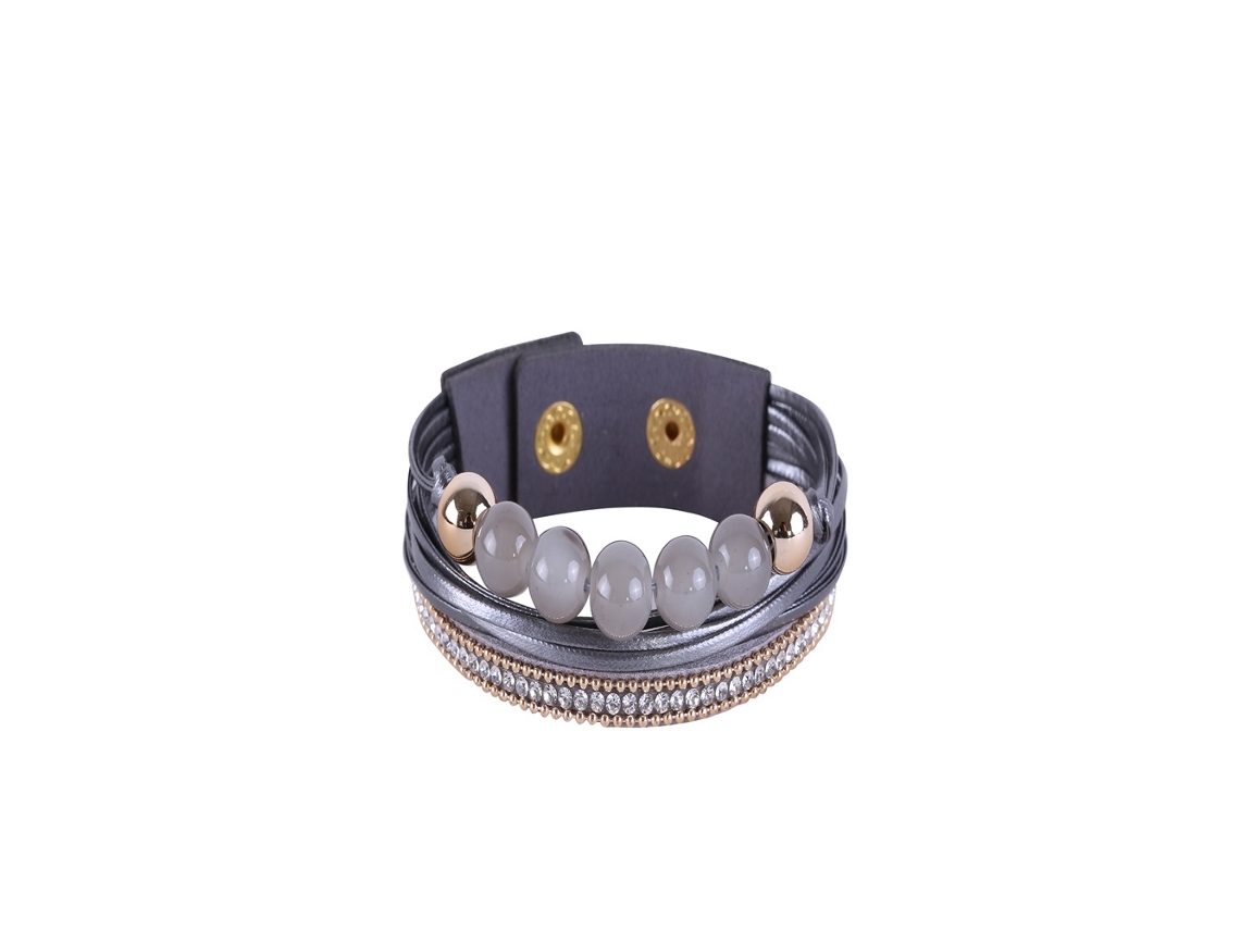 Pulseira De Couro Pu Com Pérolas De Acrílico E Strass Decorativo