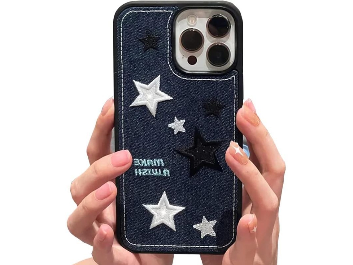 Capa para iPhone 14 YURU, proteção de lente, tecido denim, estampa de estrela, anti impacto, suave