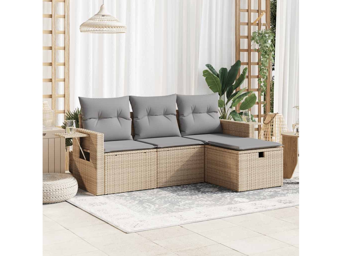 Vidaxl 4 Pcs Conjunto De Sofás Para Jardim C/ Almofadões Vime Pe Bege