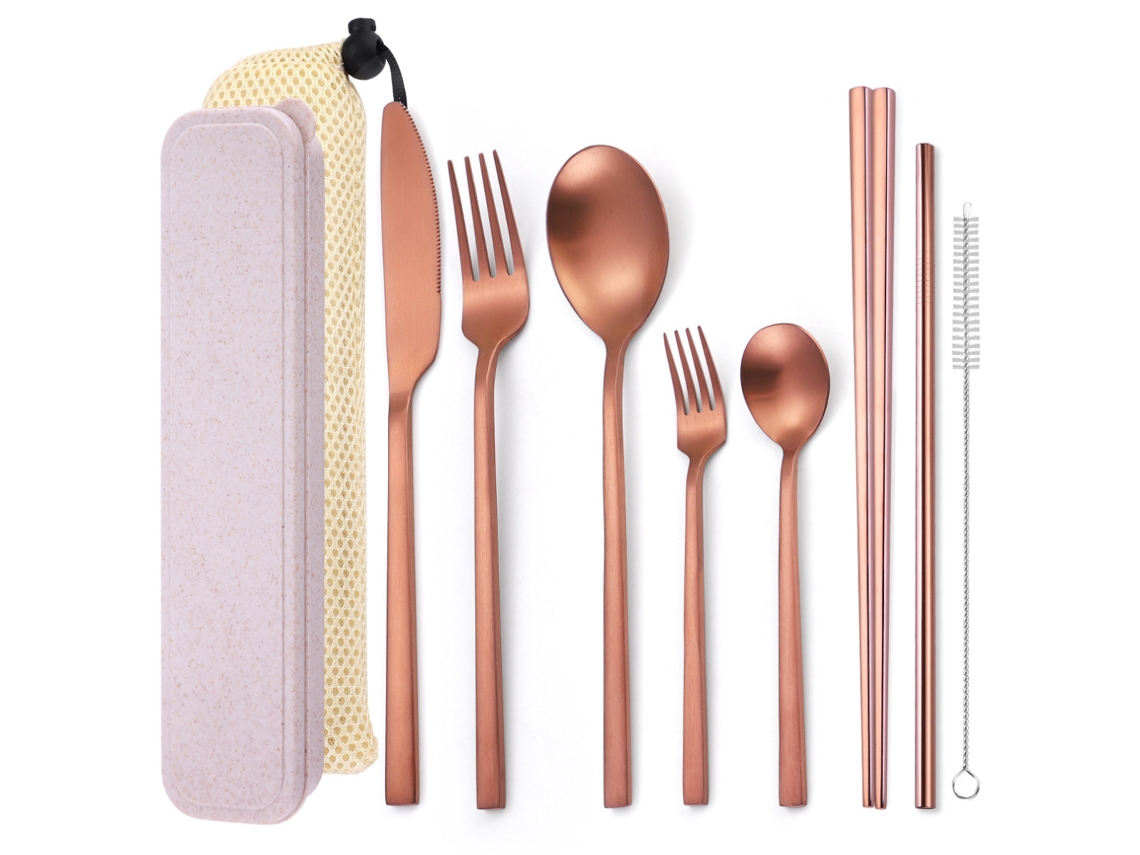 Conjunto Portátil de Talheres em Aço Inoxidável 8 Peças com Faca Garfo Colher Hashis e Canudo RNEMITERY