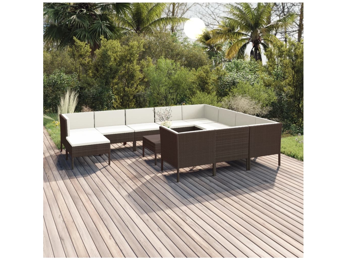Vidaxl 12 Pcs Conjunto Lounge Jardim C/ Almofadões Vime Pe Castanho