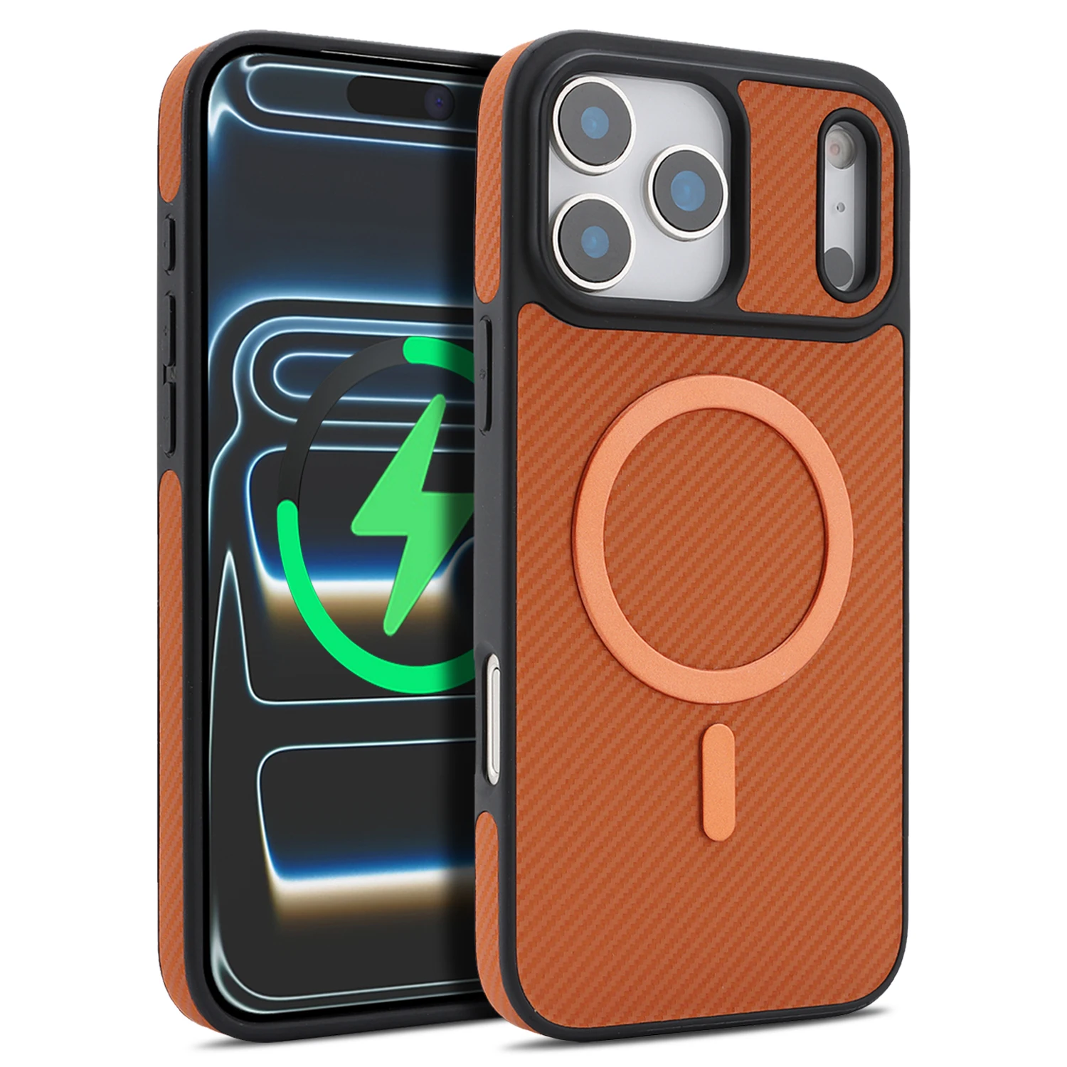 Capa Para Iphone 16 Plus Em Couro Com Fibra De Carbono, Magnética E Ultrafina (marrom Claro).