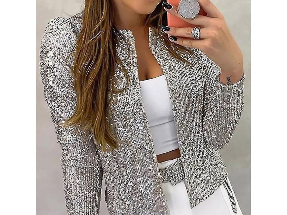 2026 jaqueta Casual para Mulher com Mangas Longas e Strass Brilhantes, Abertura Frontal e Design Elegante