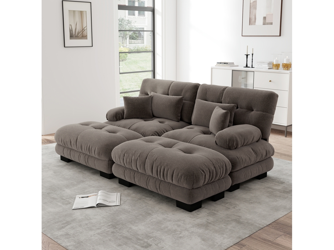 Sofá Cloud Chenille 2l Pufes Almofadas Marrom Moderno