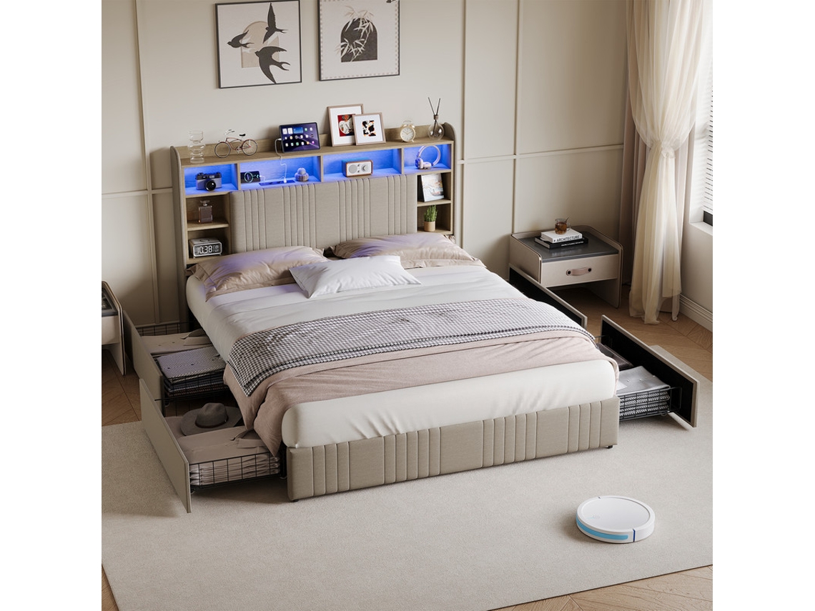 Cama De Casal 140x200 Cm Com Gavetas, Cabeceira De Linho, Led Rgb, Usb E Type-c | Cama De Adulto Moderna Com Arrumação