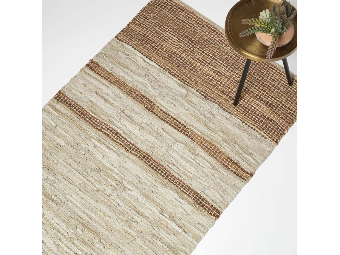 Homescapes Brown Recycled Leather Handwoven Stripe Rug, 90 X 150 Cm