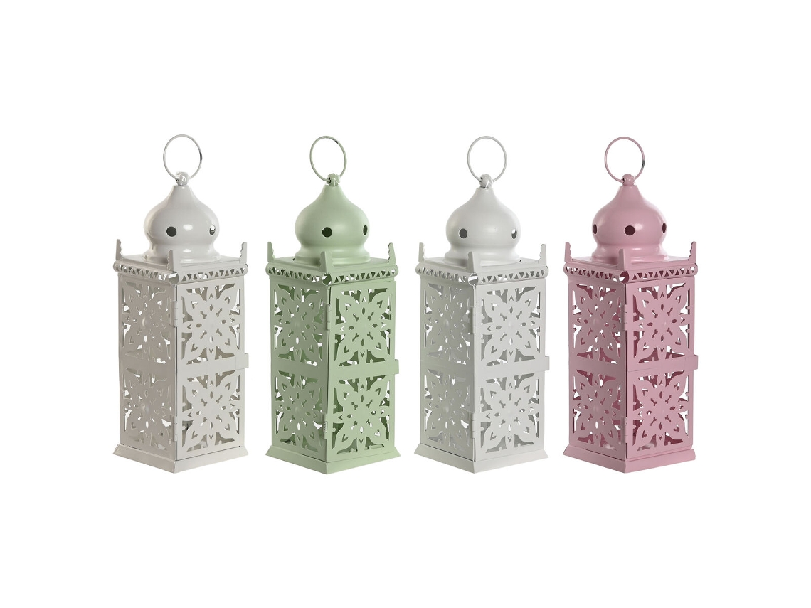 Lanterna Home Esprit Branco Verde Rosa Ferro Oriental 10 x 10 x 30 cm (4 Unidades)