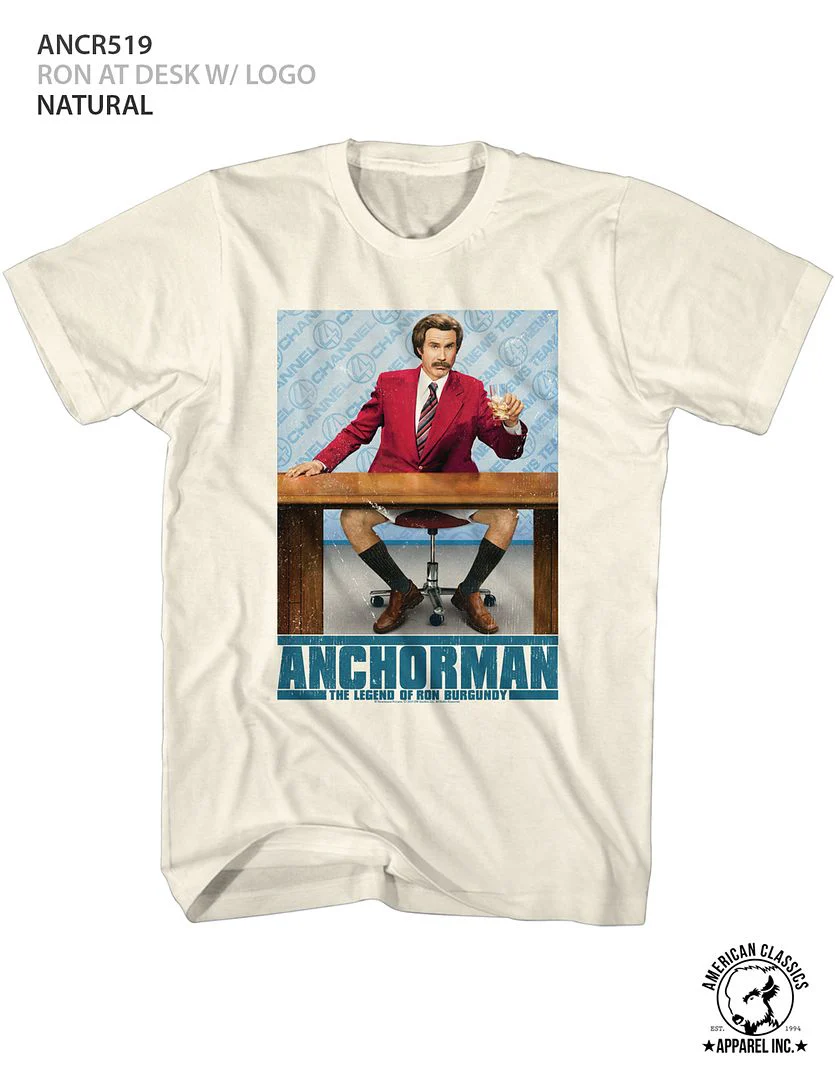 Unisex Adult T-shirt Rockinstone Anchorman Movie Ron At Desk W/ Logo Solid Natural Sizes