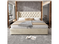 Cama Casal 180x200 Cm Veludo Bege Botões Cabeceira Arrumação Hidráulica
